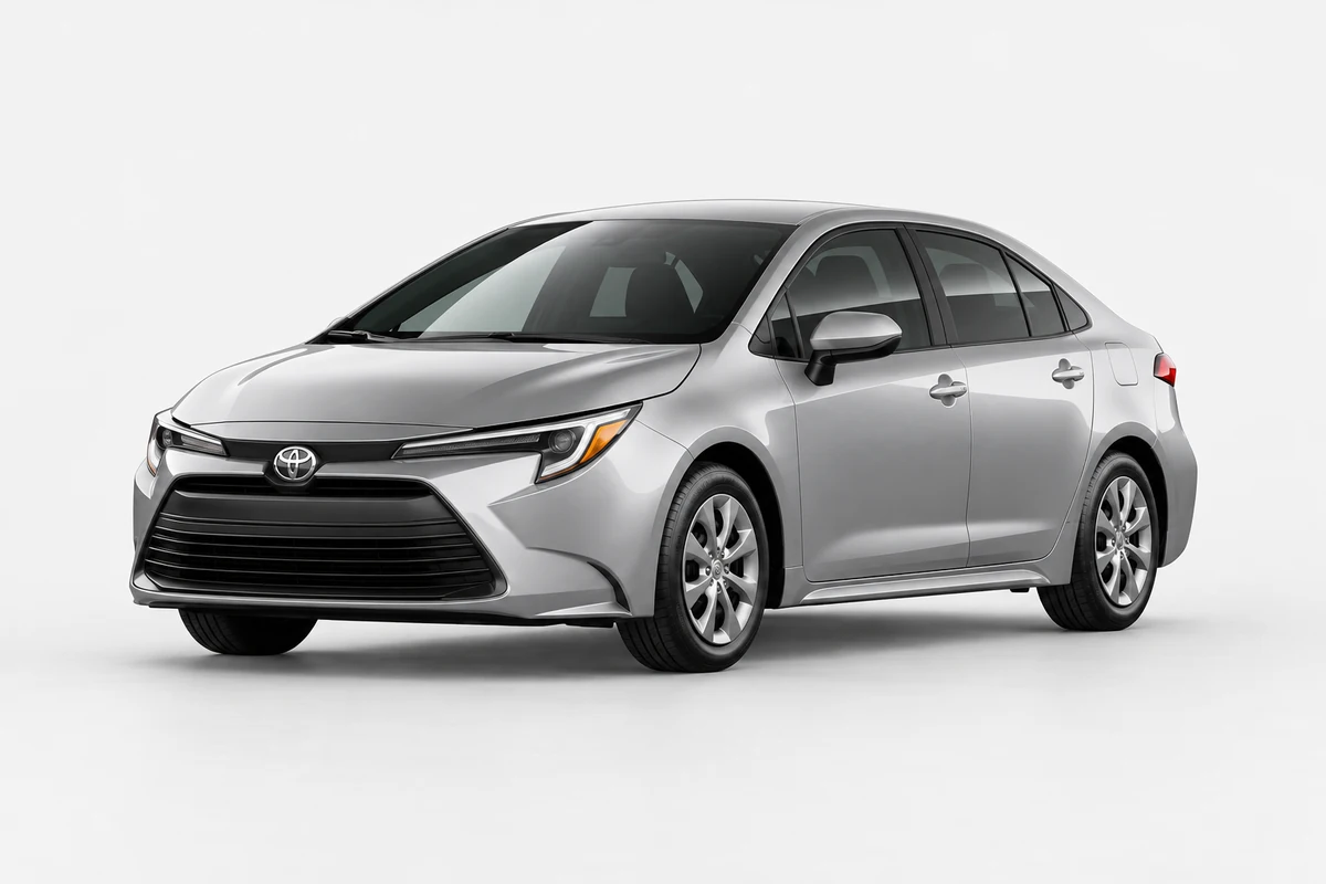 Toyota Corolla Hybrid plateado, vista frontal de tres cuartos sobre fondo de estudio