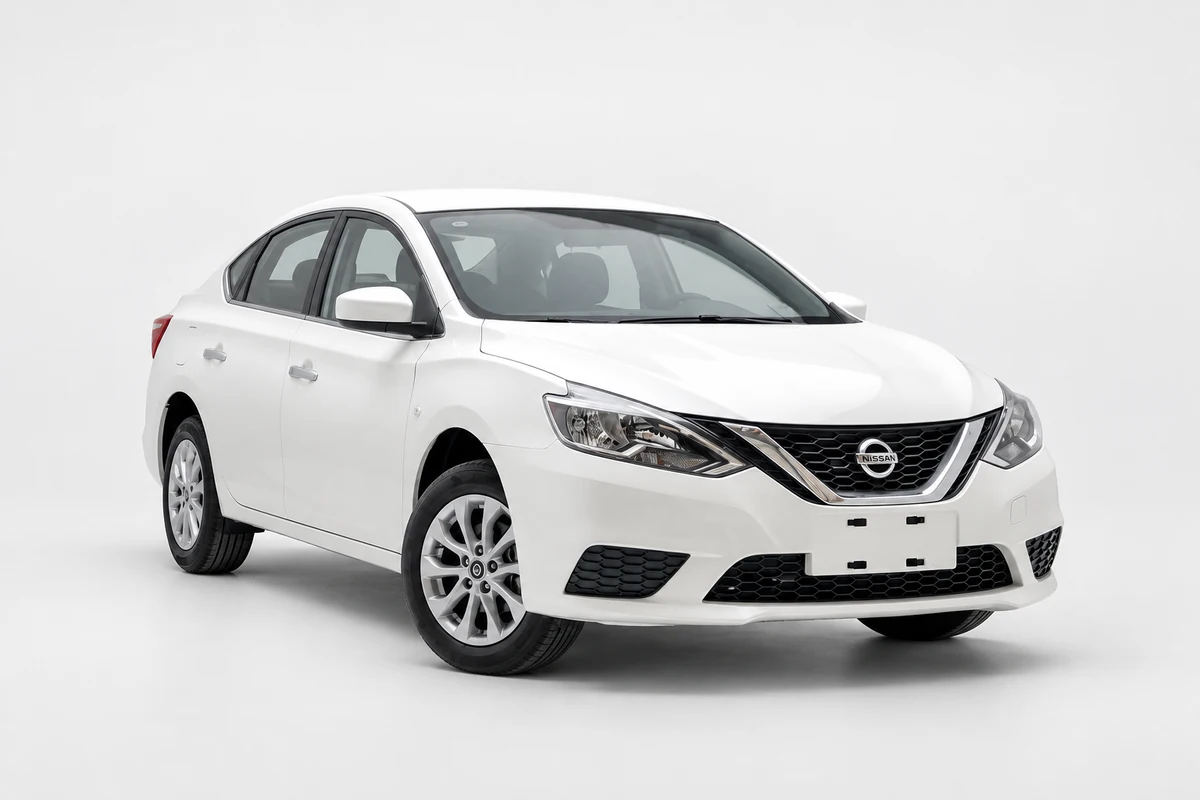 Nissan Sylphy blanco, vista frontal de tres cuartos sobre fondo de estudio